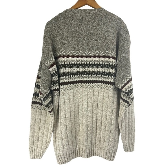 90S Liberty Beige Grey Fair Isle Chunky Knit Grandpa Sweater Mens medium - Picture 2 of 10